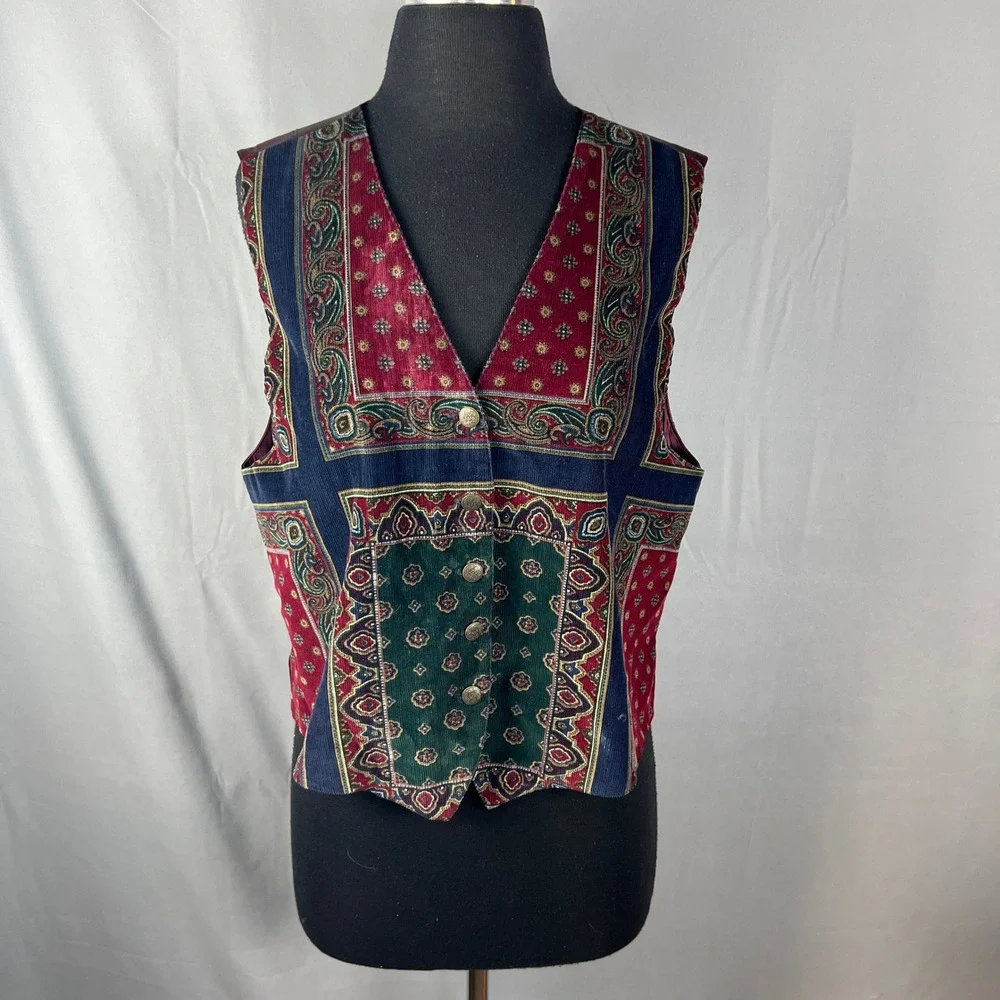 Talbots Waistcoat Vest Womens Medium Multicolor Paisley Tapestry Button Front